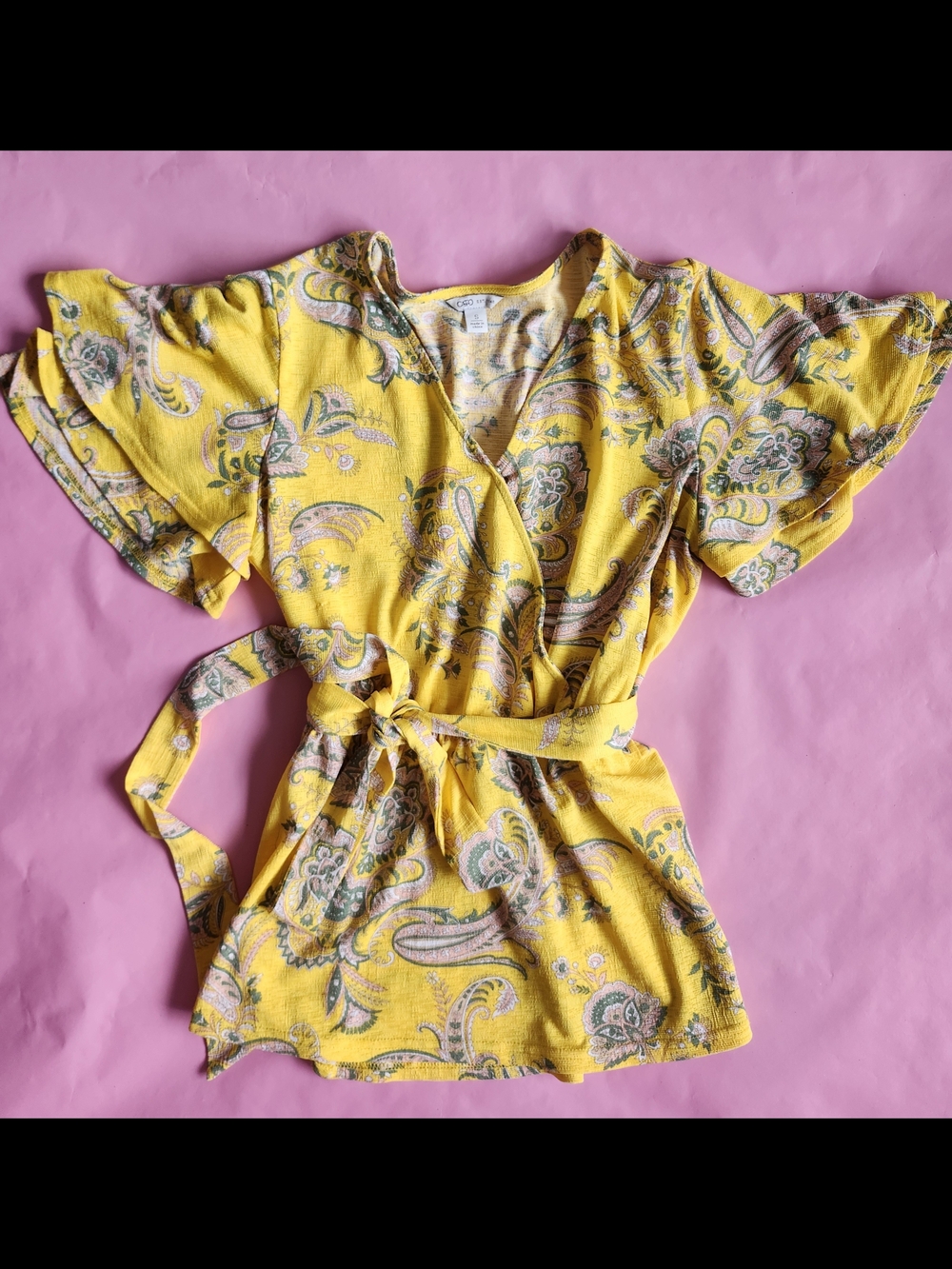 Cato Womens Small Yellow Paisley Faux Wrap Blouse Flutter Sleeve Peplum Top